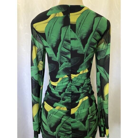 Ganni U neck Dress Banana Print Yellow Green Mesh Ruched Gathered Sheath… - Picture 5 of 9